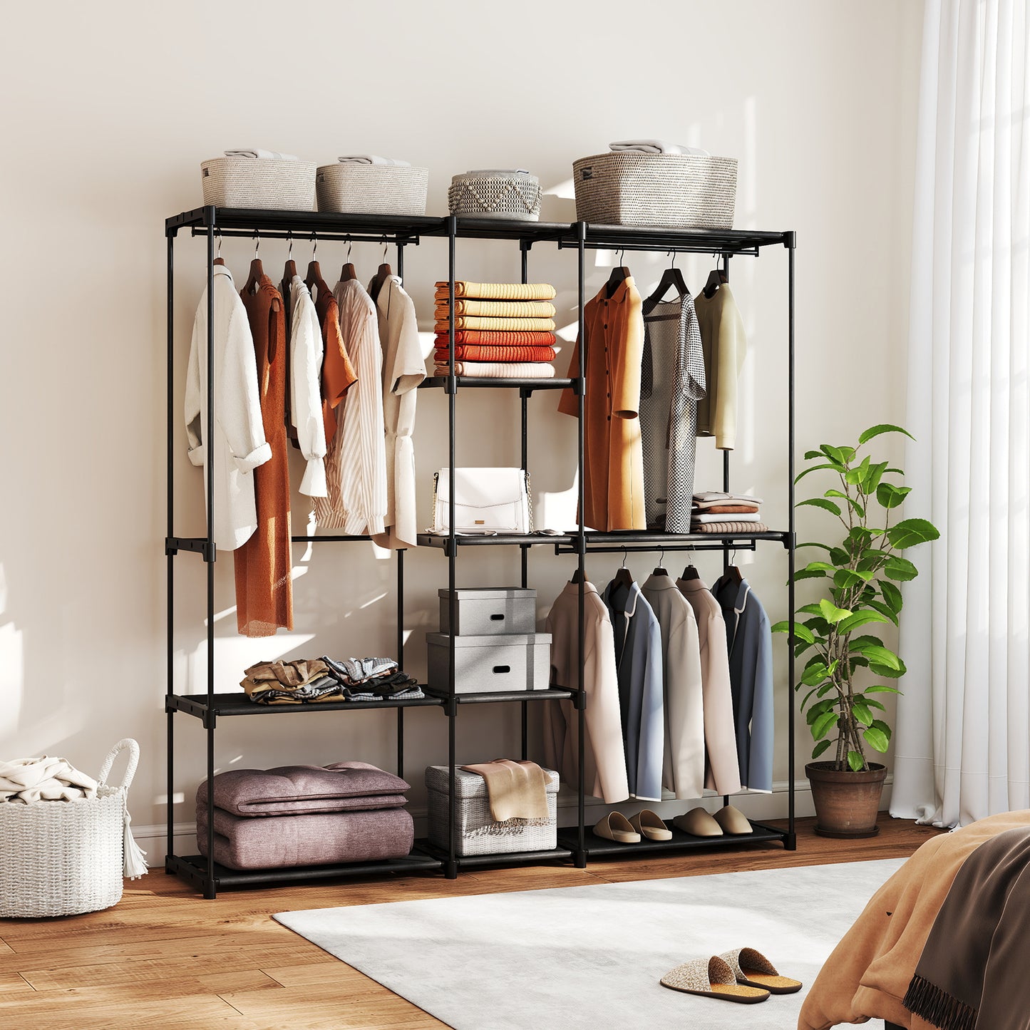 Portable Wardrobe, Open Clothes Wardrobe with 8 Shelves, 3 Hanging Rails, Black