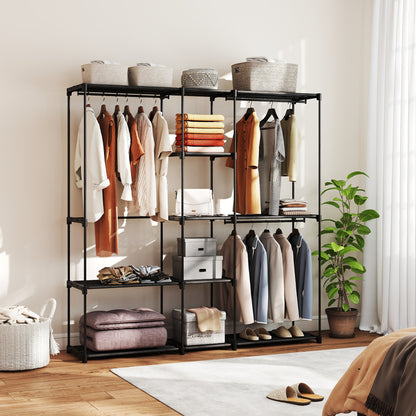 Portable Wardrobe, Open Clothes Wardrobe with 8 Shelves, 3 Hanging Rails, Black