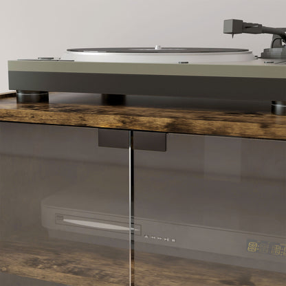 4-Tier Hi-Fi Stand, Record Player Stand with Adjustable Shelves and Push-to-Open Glass Doors, Rustic Brown