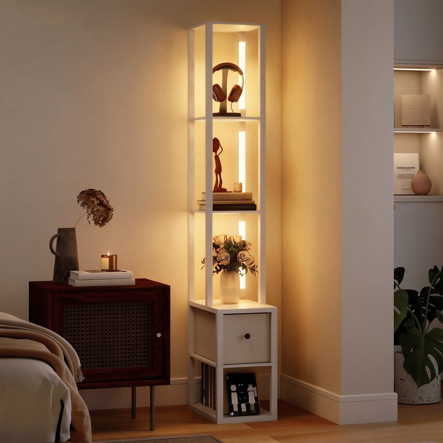 Floor Lamp with Shelves, LED Column Modern Standing Lamp with Fabric Drawer, Adjustable Brightness