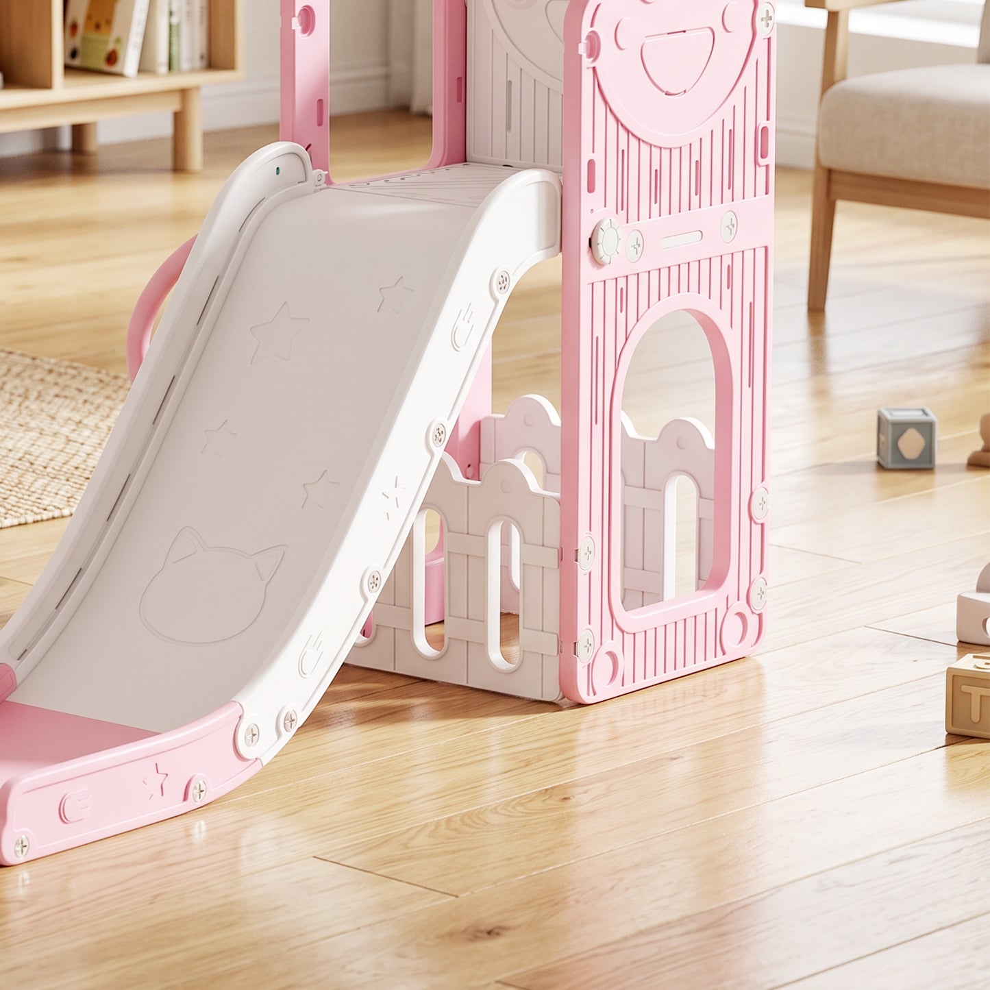 5 in 1 Kids Slide Set with Basketball Hoop, Climbing Frame, Telescope, Storage Box for Toddlers Ages 1-3, Pink