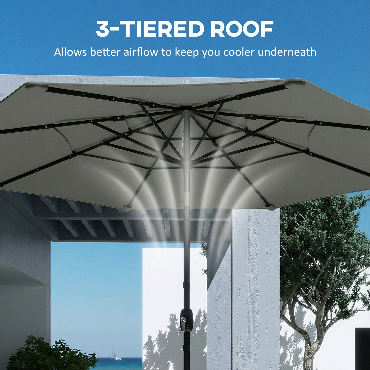 Garden Parasol, Parasol Umbrella with 3-tier Roof, Crank Handle, Tilt Function, Polyester Canopy, Grey