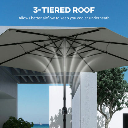Garden Parasol, Parasol Umbrella with 3-tier Roof, Crank Handle, Tilt Function, Polyester Canopy, Grey