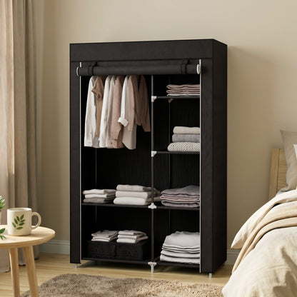 Fabric Wardrobe w/ Shelves Hanging Rail Foldable Wardrobe Black