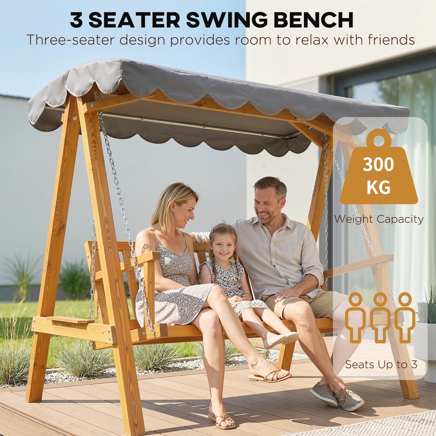 3 Seater Garden Swing Seat with Canopy, Wooden Swing Chair, Outdoor Hammock Bench for Balcony Patio Porch, Dark Grey
