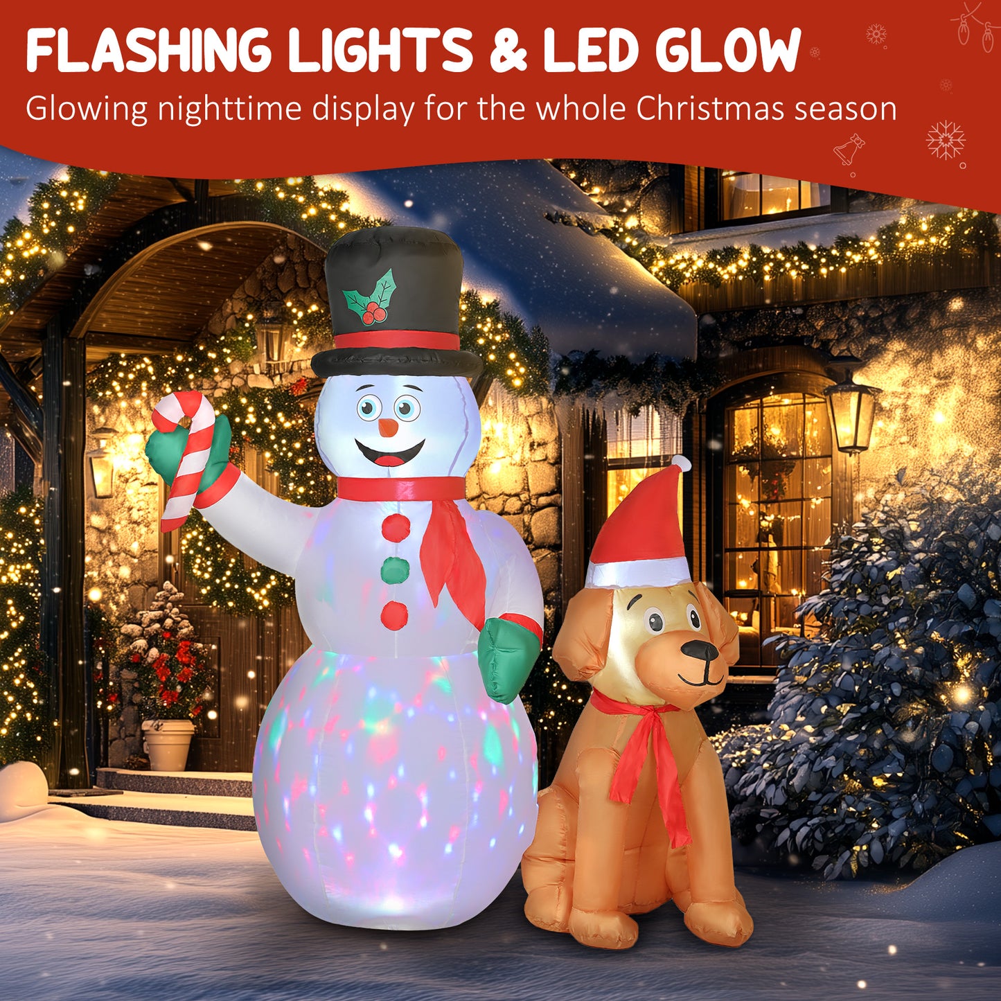 6FT Christmas Inflatables Snowman & Dog with Built-in LED Lights and Flashing Light