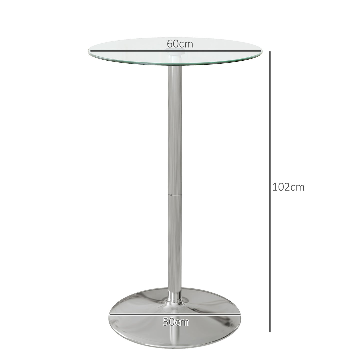 High Top Bar Table, Round Kitchen Table with Tempered Glass Top and Steel Base, Bistro Table for 2 People, Clear