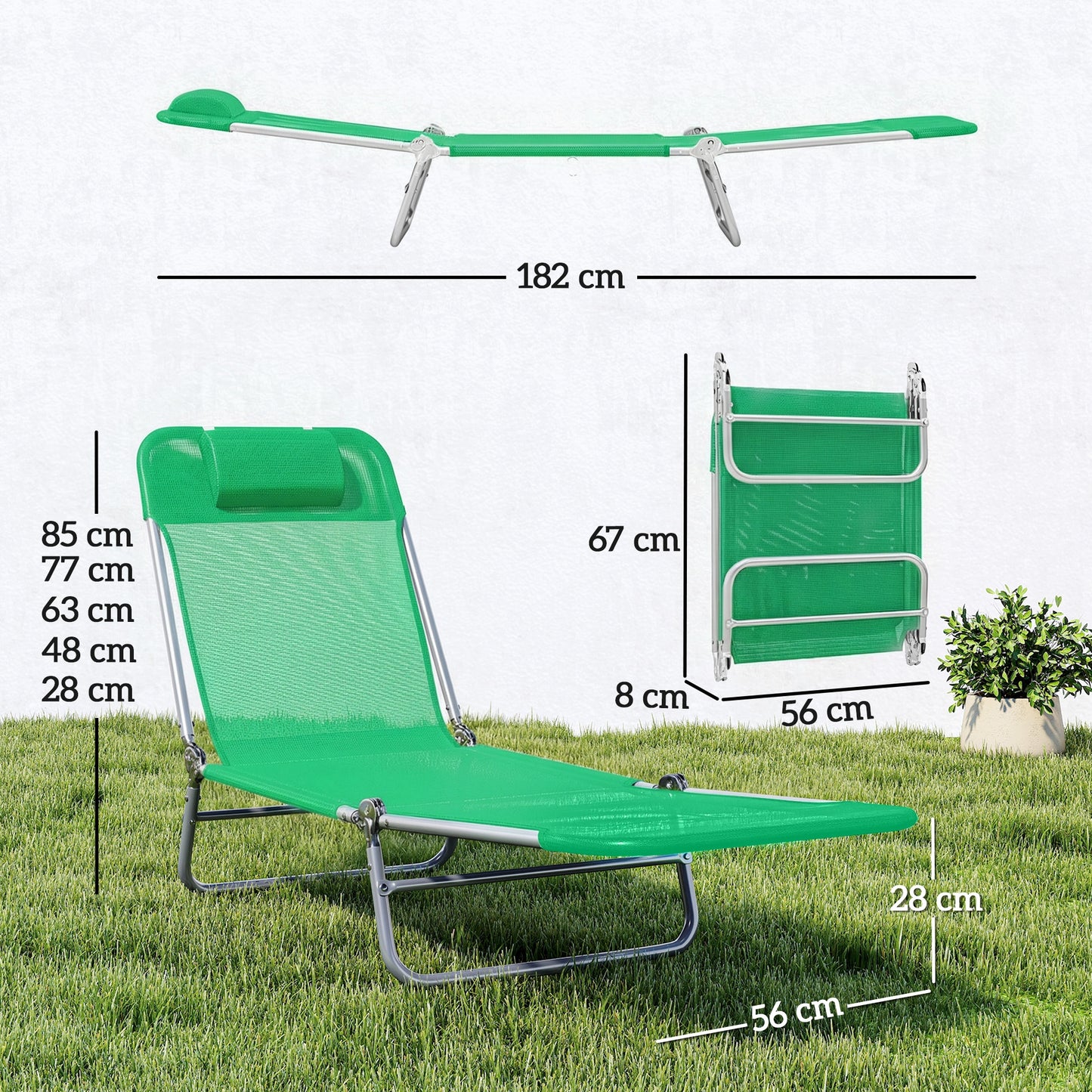 Steel Frame Sun Lounger, with Reclining Back - Dark Green