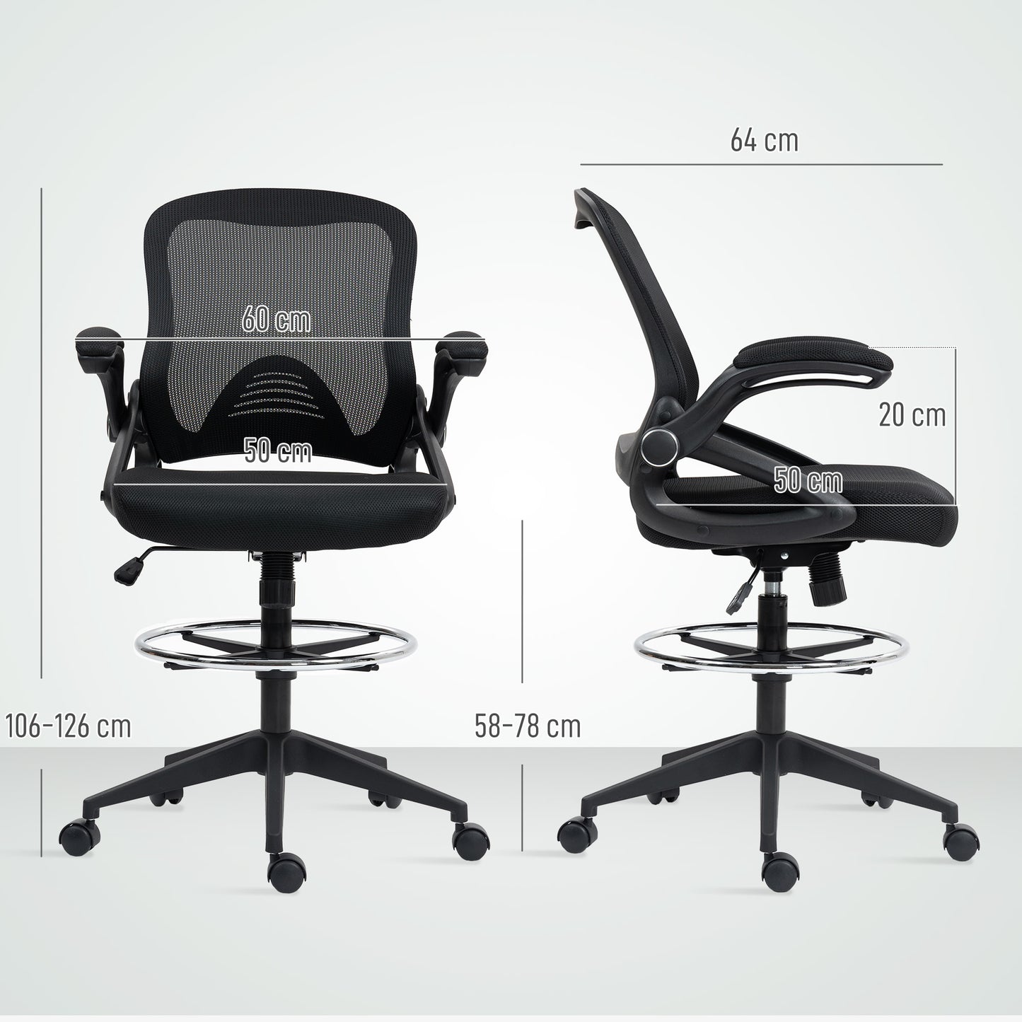Drafting Chair with Flip-up Armrest, Mesh Office Stool with Foot Ring