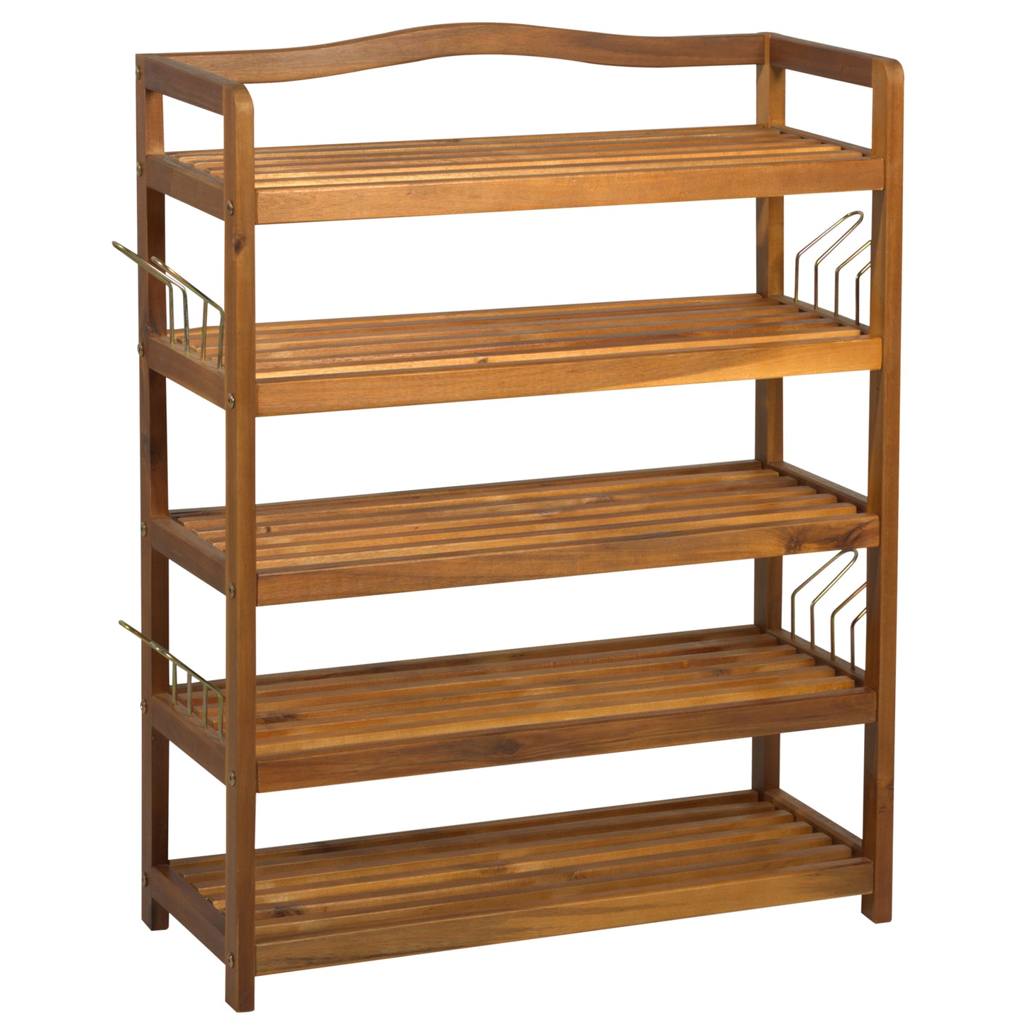 5-Tier Shoe Rack, Acacia Wooden Shoe Storage Organiser with Hangers, Holds up to 19 Pairs, for Entryway, Living Room