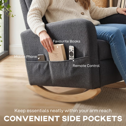 Upholstered Rocking Chair Retractable Footrest Rocker Chair High Back for Living Room Grey