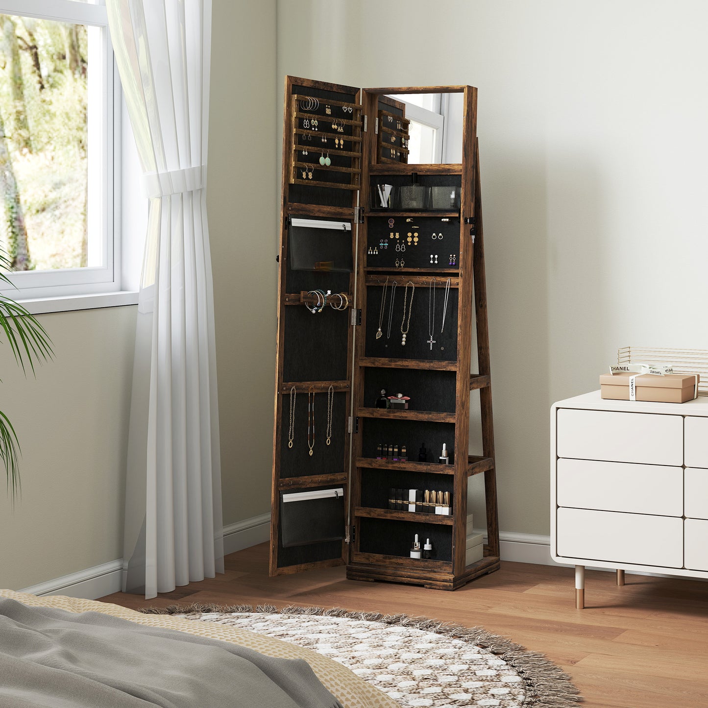 360° Swivel Jewellery Cabinet, Free Standing Full Length Mirror with Storage