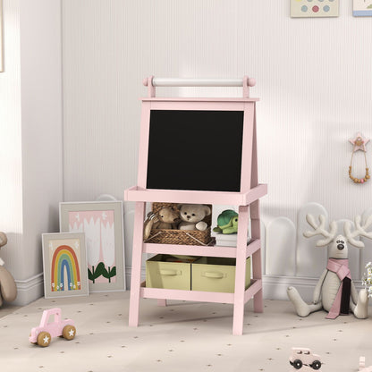 3 in 1 Kids Easel Double-Sided Magnetic Whiteboard and Chalkboard with Paper Roll, Storage Baskets - Pink