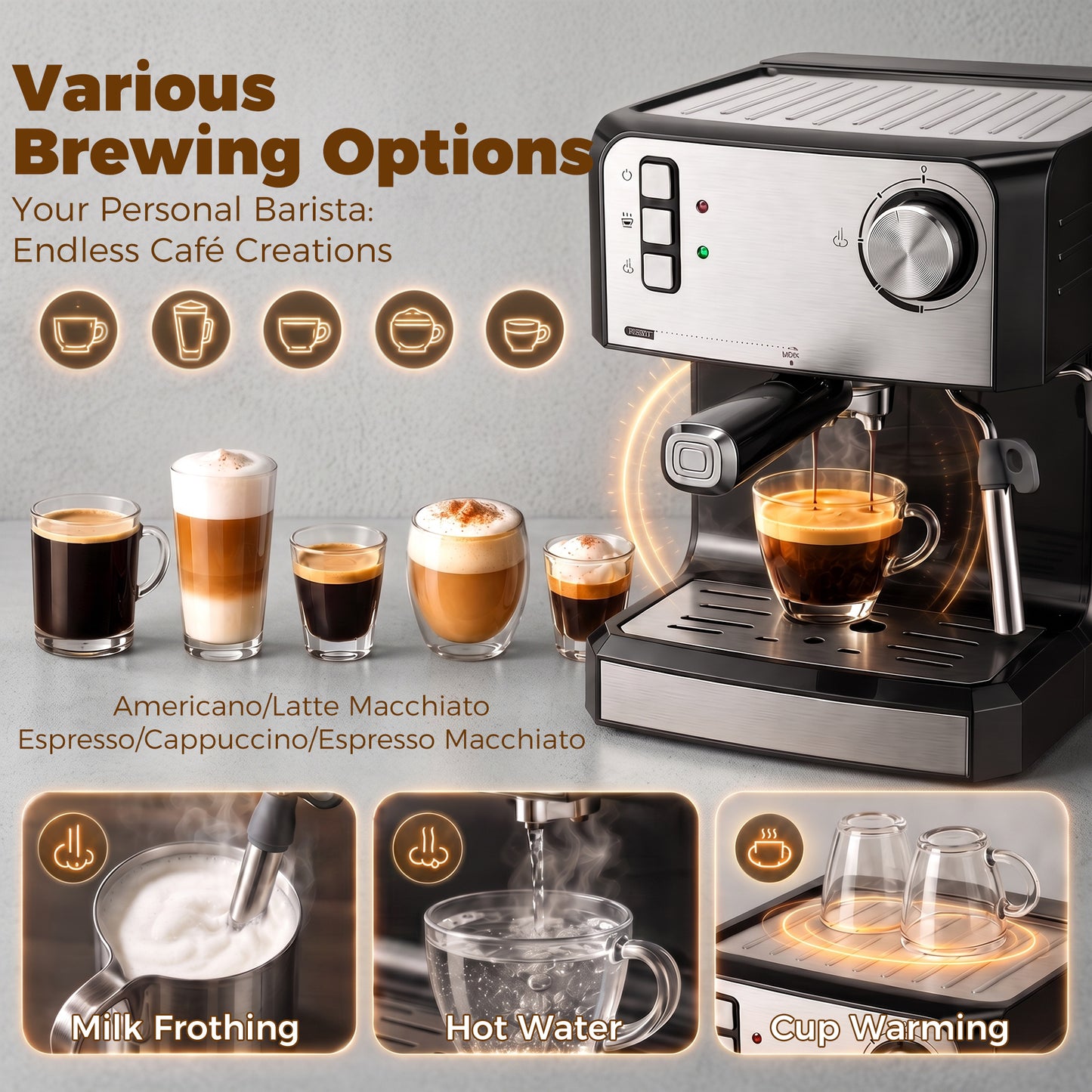 Espresso Machine, 20-Bar Semi Automatic Cappuccino Coffee Maker with Frother Wand, 1.6 L Water Tank, Black