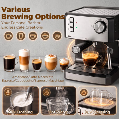 Espresso Machine, 20-Bar Semi Automatic Cappuccino Coffee Maker with Frother Wand, 1.6 L Water Tank, Black