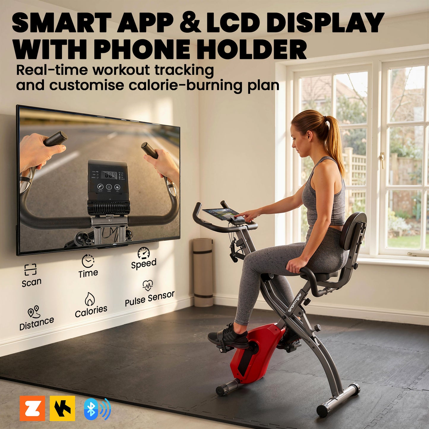 4-In-1 Folding Exercise Bike with Resistance Bands, Bluetooth App, 8-Level Magnetic Resistance, LCD Display, Red