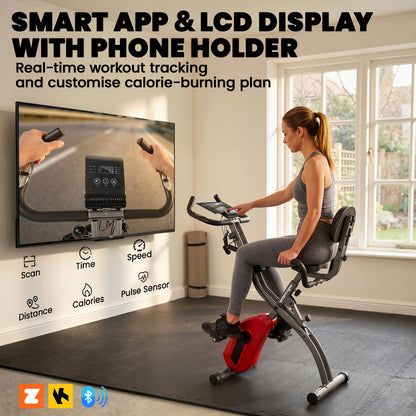 4-In-1 Folding Exercise Bike with Resistance Bands, Bluetooth App, 8-Level Magnetic Resistance, LCD Display, Red