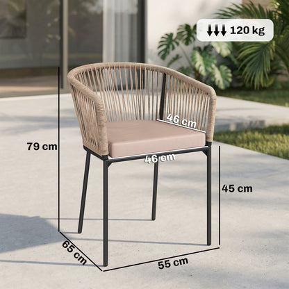 Garden Chairs Set of 2, Rattan Garden Dining Chairs with String Back Armrests, Cushions, Natural Wood Finish