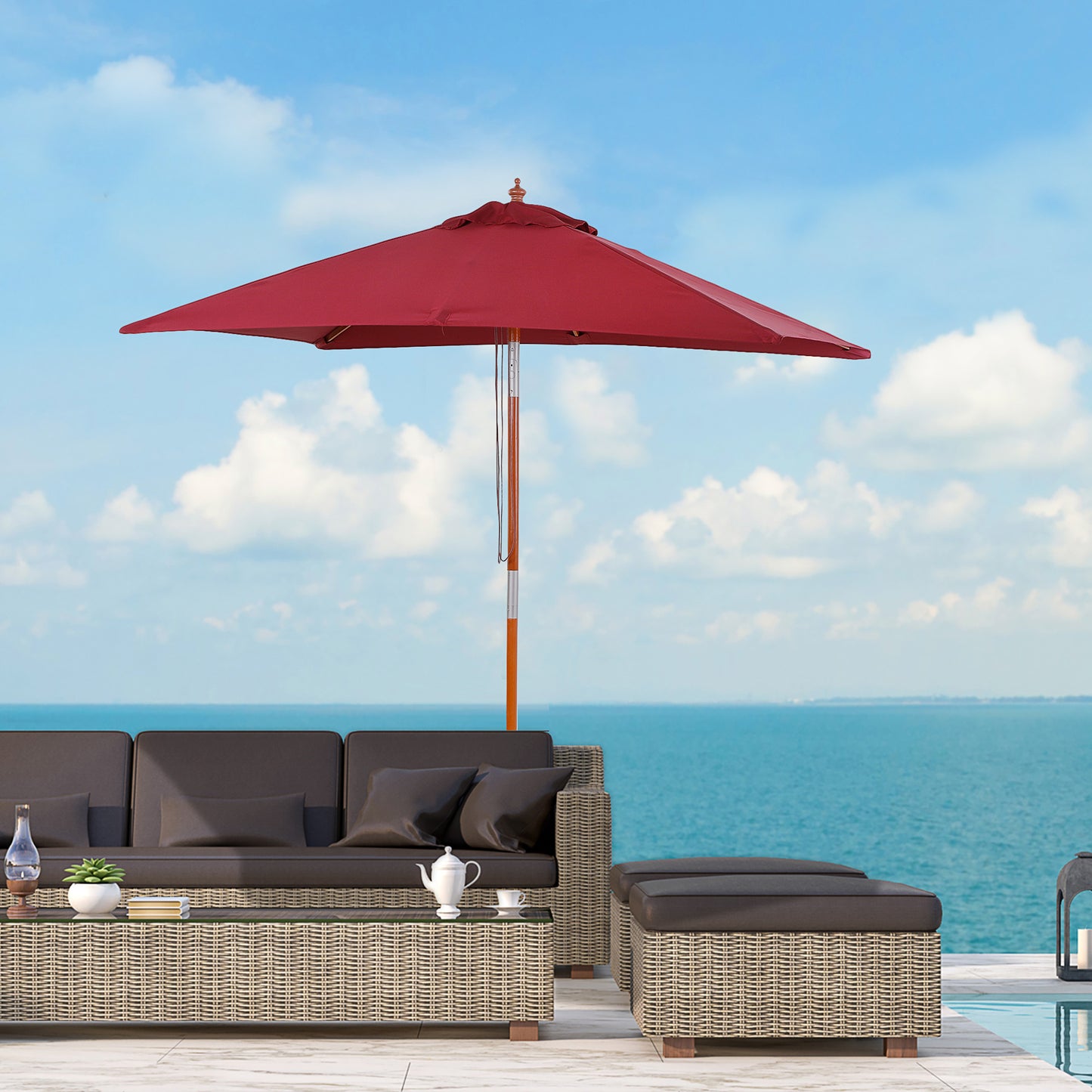 2m x 1.5m Garden Parasol Umbrella with Tilting Sunshade Canopy, Outdoor Market Table Umbrella with Wood and Bamboo Frame