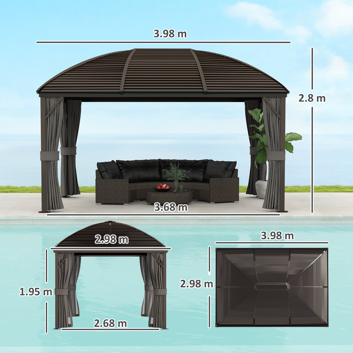 3 x 4m Hardtop Gazebo Canopy with Metal Roof, Aluminium Gazebo Permanent Pavilion with Netting and Curtains, Dark Grey