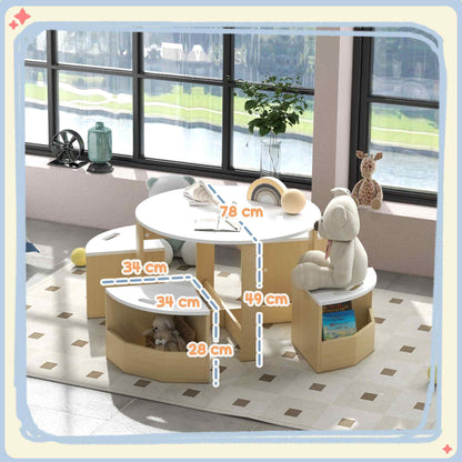 Five-Piece Kids Table and Chairs Set with Storage, for Ages 3-8 Years, White