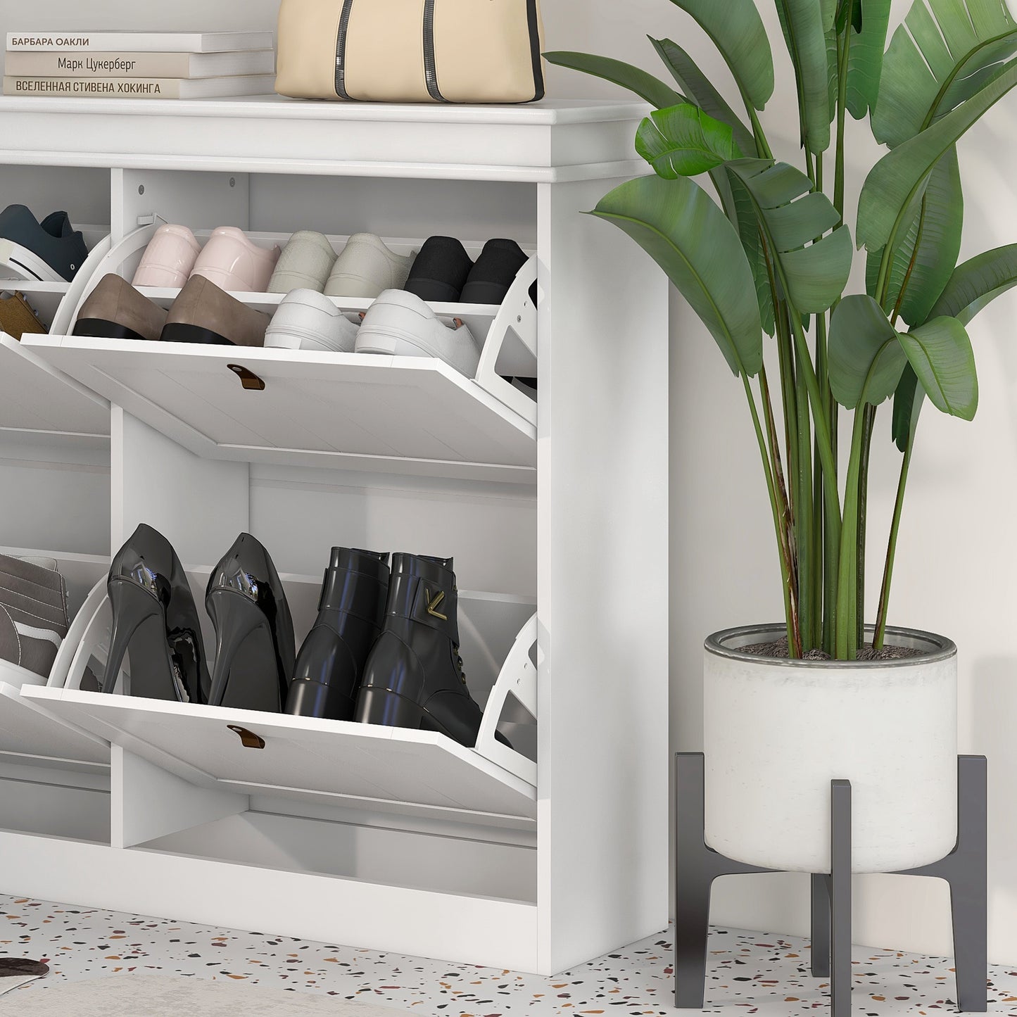 Slim Shoe Cabinet, Shoe Cabinet with 4 Drop-Down Drawers, 105W x 24D x 82.5H cm, White