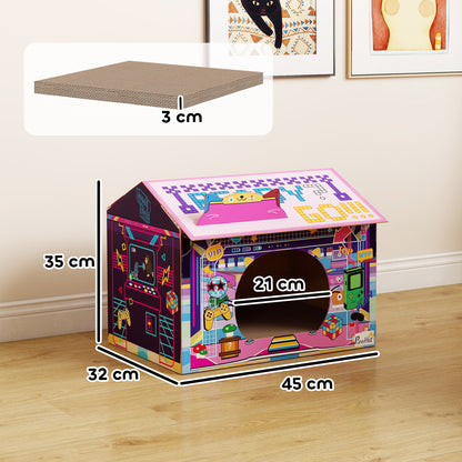 2 in 1 Gaming Style Cardboard Cat House with Scratching Board & Catnip for Indoor Cats, Pink
