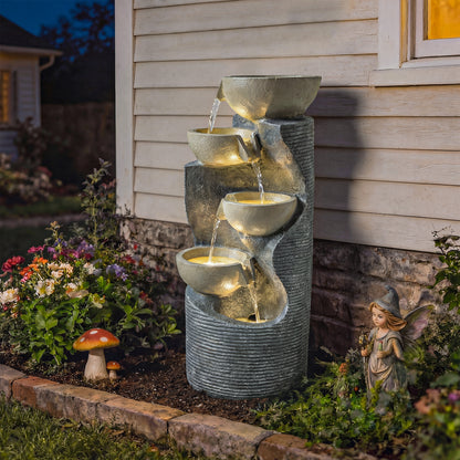 Garden Water Feature, Outdoor Water Fountain with LED Lights and Pump, 5 Tier Cascading Waterfall Fountain for Indoor