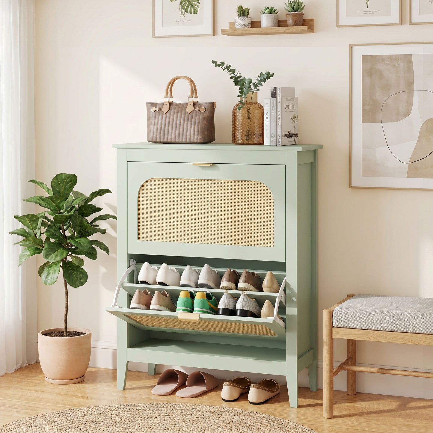 Narrow Shoe Cabinet, Boho Slim Shoe Storage Cabinet with 2 Flip Drawers, Holds 14 Pairs, Light Green
