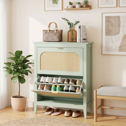 Narrow Shoe Cabinet, Boho Slim Shoe Storage Cabinet with 2 Flip Drawers, Holds 14 Pairs, Light Green