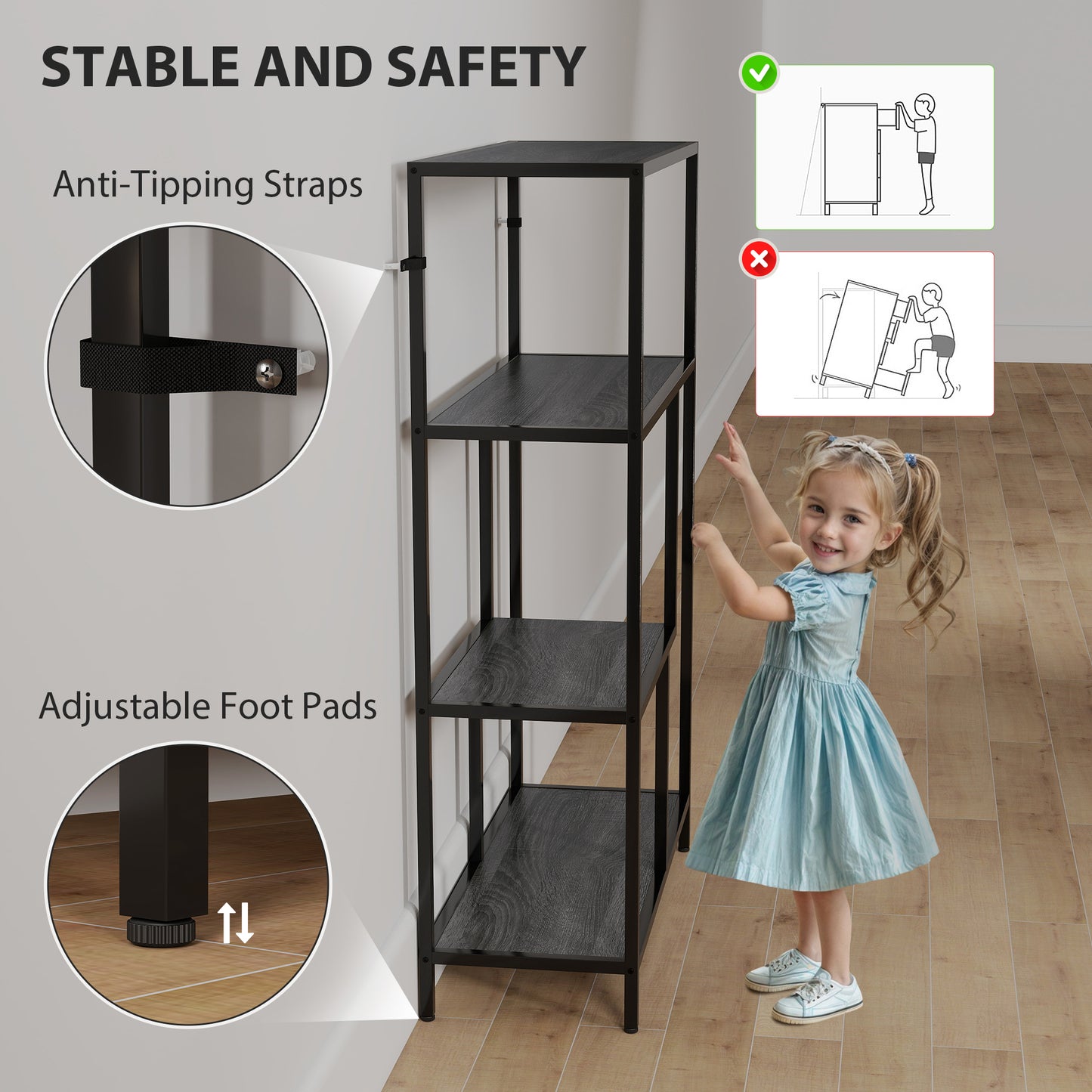 4-Tier Bookshelf with Open Shelves - Charcoal Grey