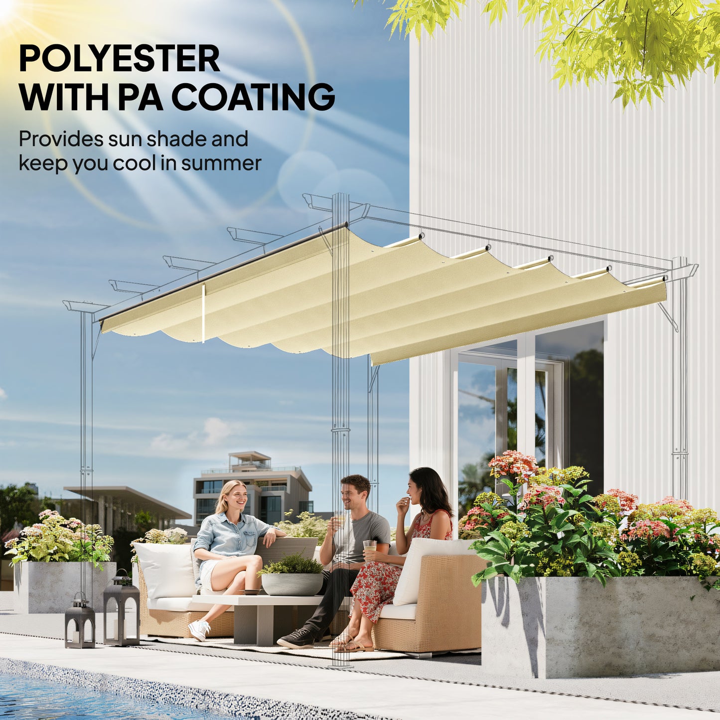 Retractable Pergola Cover, 3.5 x 2.6 m Replacement Canopy Fabric for 4 x 3 m Frame, Roof Top Only, Cream White