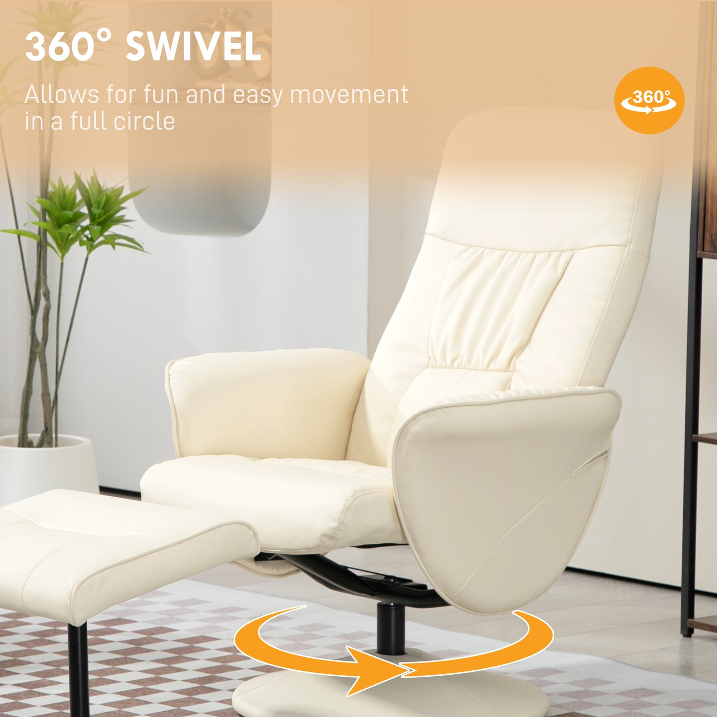 Swivel Recliner Chair with Footstool, PU Leather Armchair and Ottoman with High Back and Round Base for Living Room