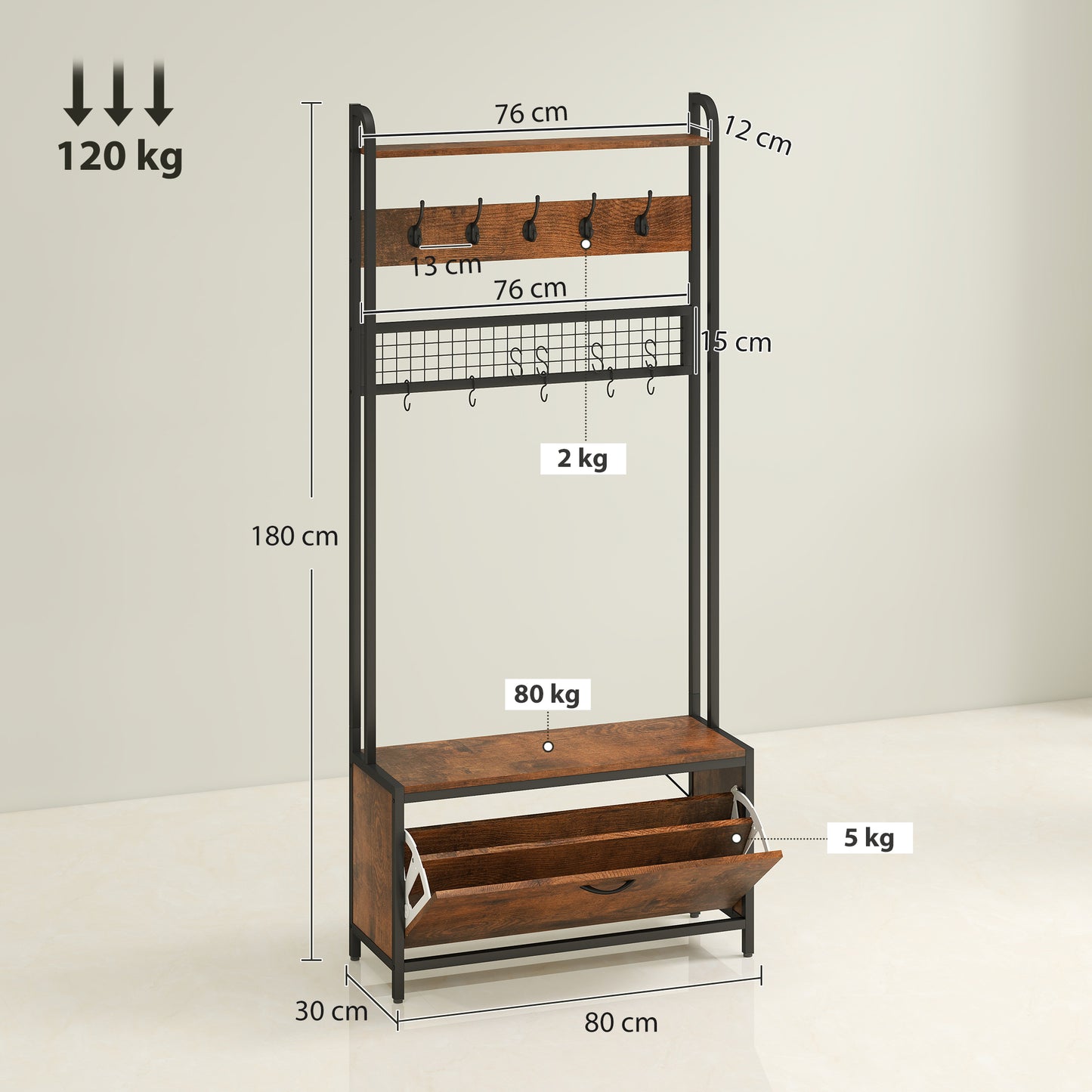 5-In-1 Industrial-Style Hallway Tree - Brown/Black