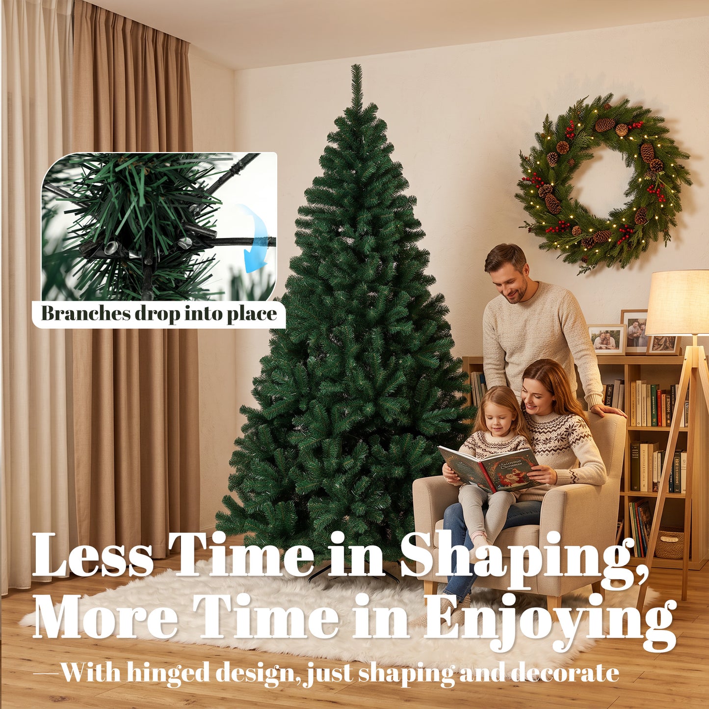 7ft Artificial Christmas Tree, Fir Hinged Xmas Tree with 1100 Branch Tips, Foldable Steel Stand, Green