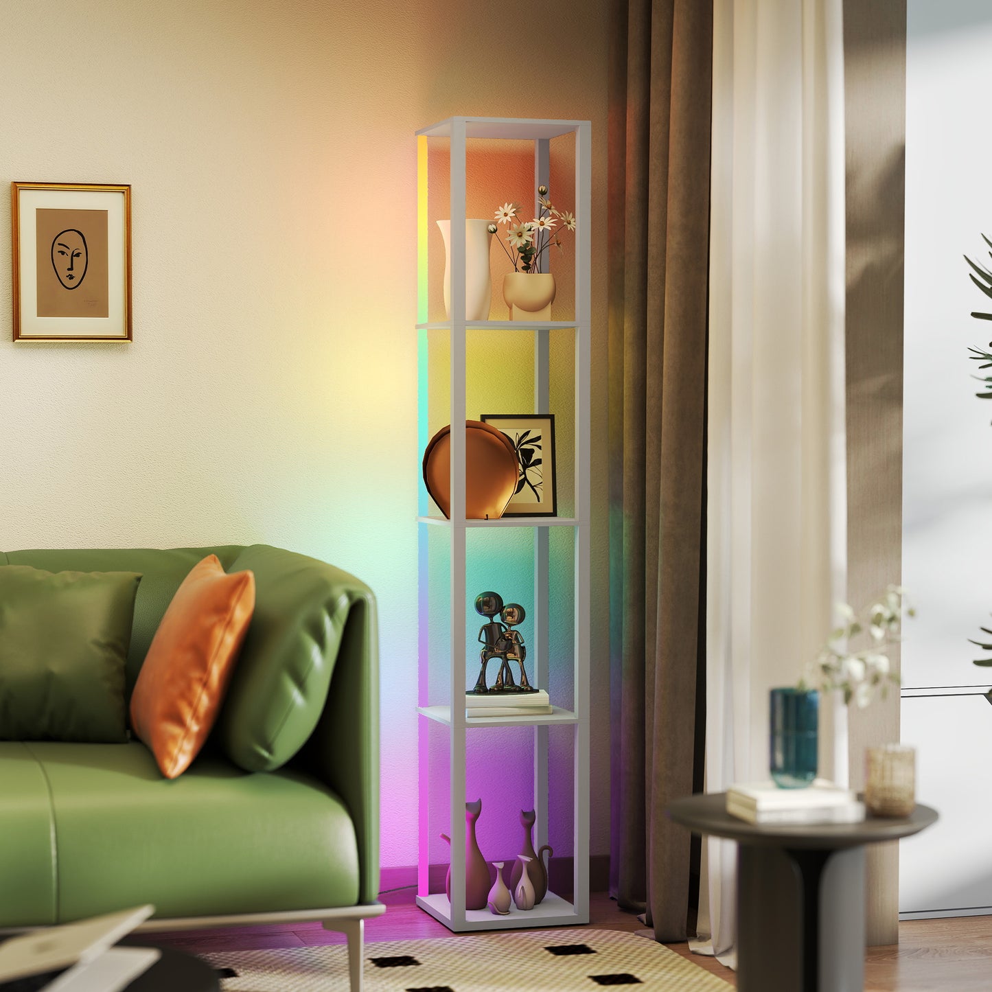 RGB LED Floor Lamp with Shelves, Modern Dimmable Standing Lamp with Remote Control
