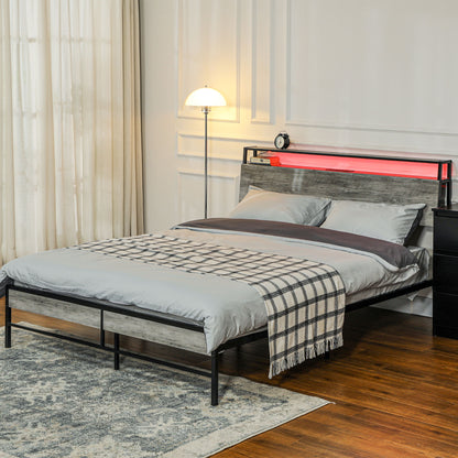 Double Steel Bed Frame, with LED Lights and Shelf - Grey