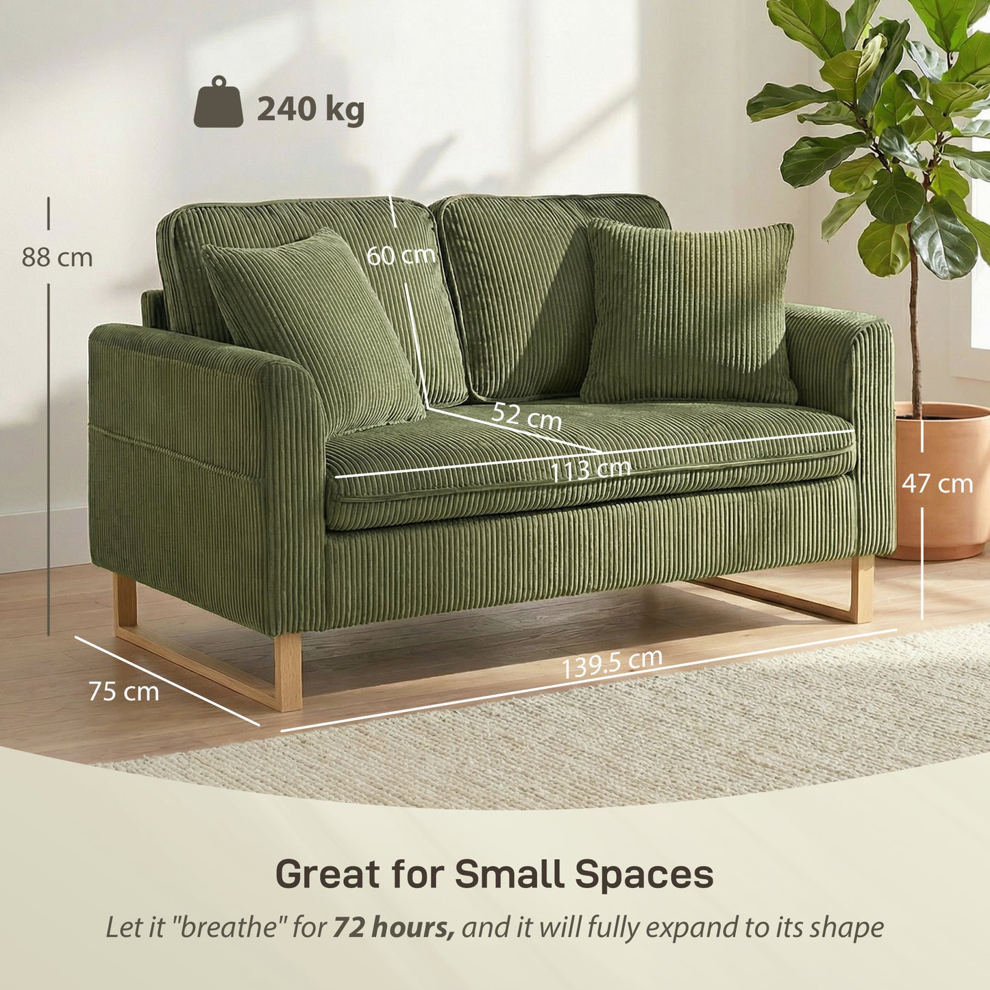 2 Seater Sofa, 140 cm Loveseat Sofa with Spring Cushions, Metal Legs, 2 Pillows, Dark Green