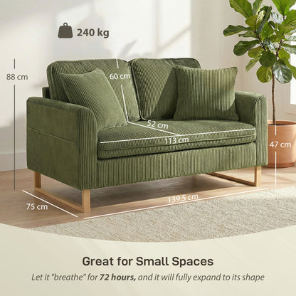 2 Seater Sofa, 140 cm Loveseat Sofa with Spring Cushions, Metal Legs, 2 Pillows, Dark Green