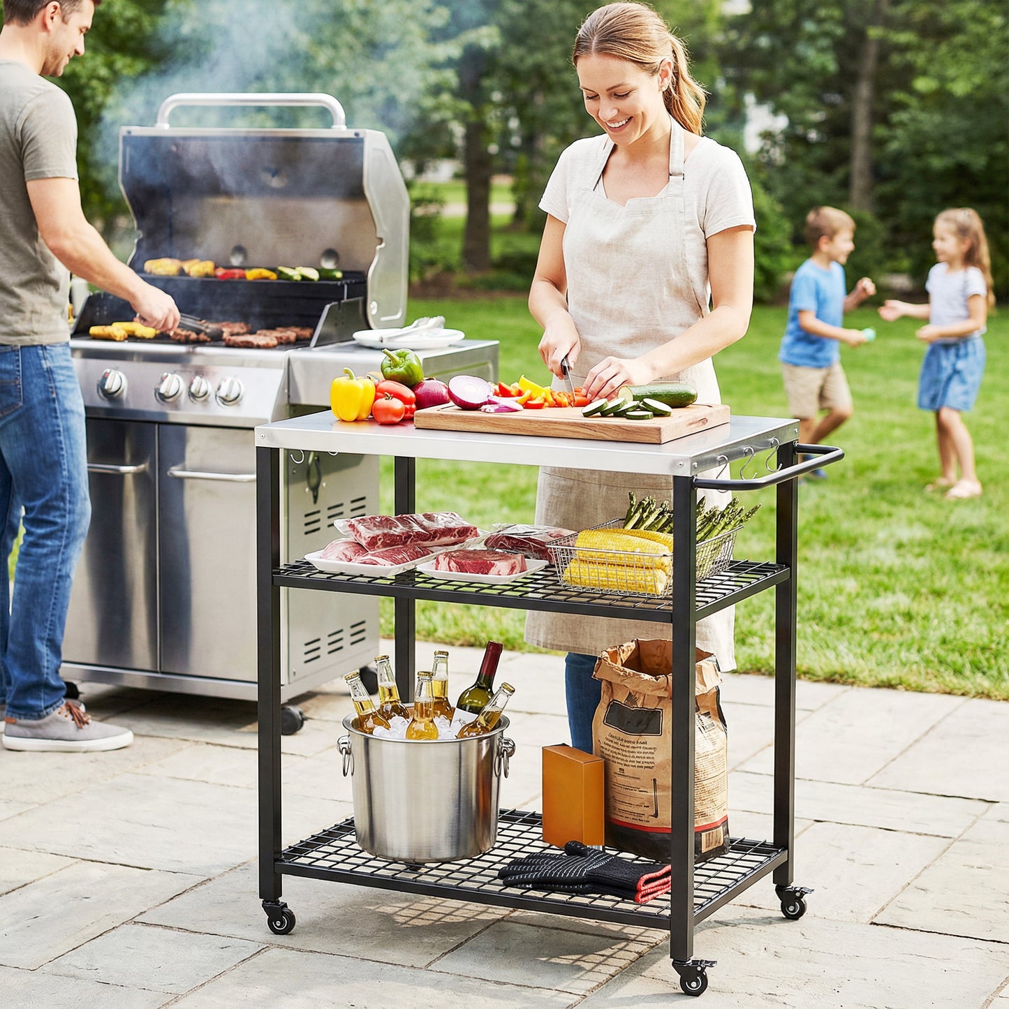Outdoor Grill Cart with Stainless Steel Tabletop, 3-Tier Pizza Oven Stand with 2 Shelves, 6 Hooks, Wheels, Black
