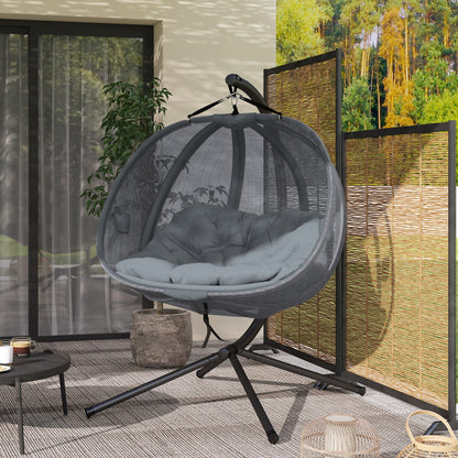 Double Hanging Egg Chair 2 Seaters Texteline Swing Hammock Chair with Folding Design, Grey