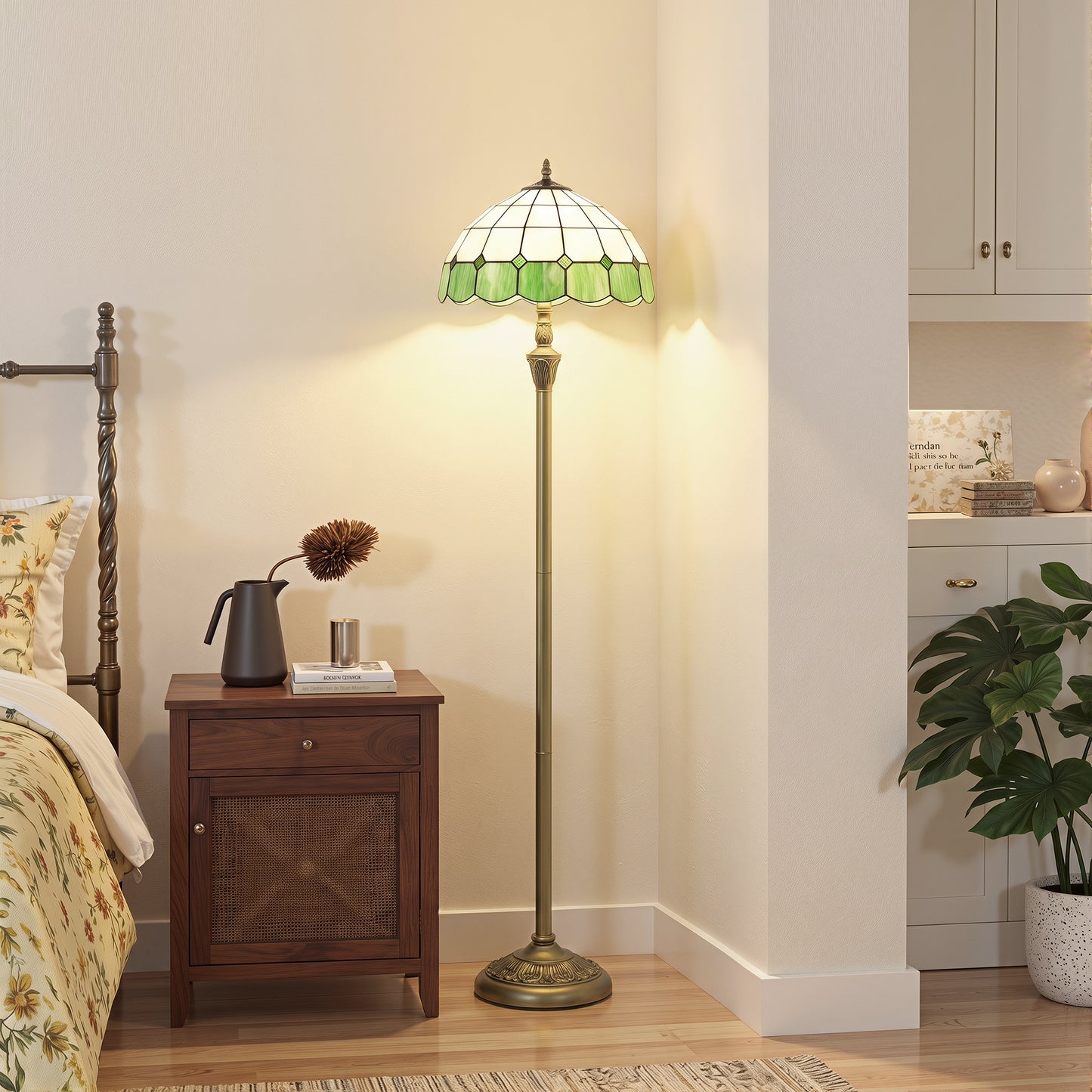 Tiffany-Style Floor Lamp with Handcrafted Stained Glass Shade, 152cm Tall Vintage Standing Lamp, Bronze Tone and Green