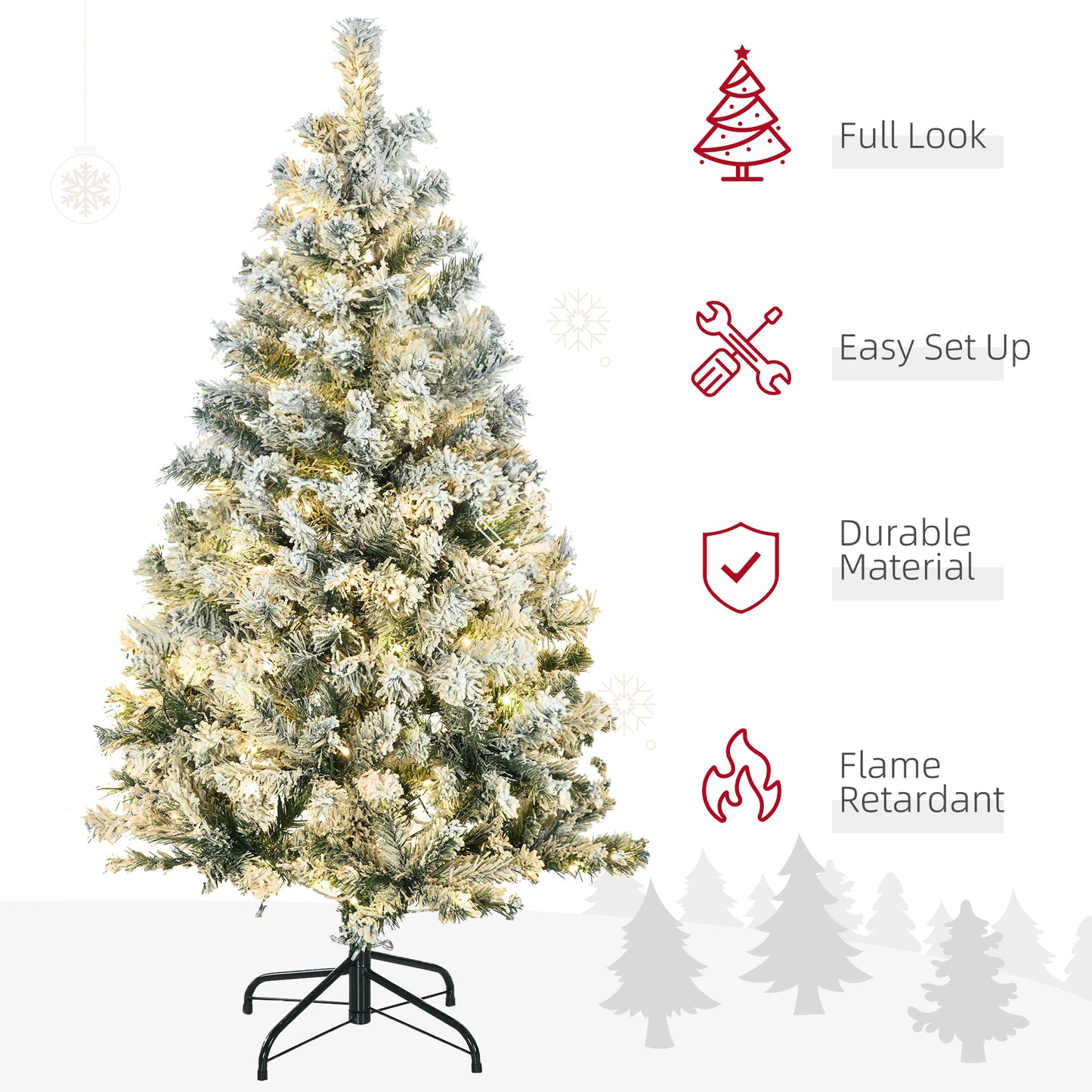4.5' Artificial Snow Christmas Trees with Frosted Branches, Warm White or Colourful LED Lights, Steel Base