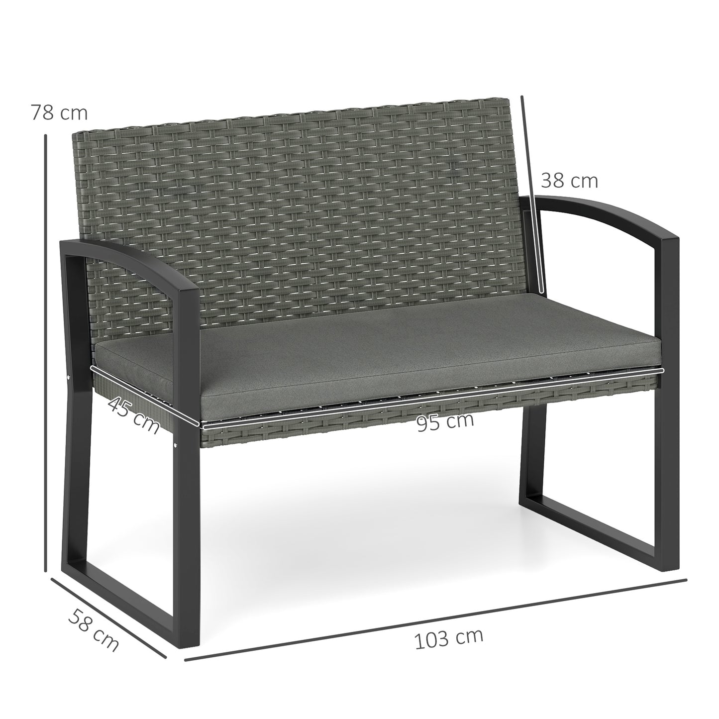 Two-Seater Rattan Garden Bench - Light Grey