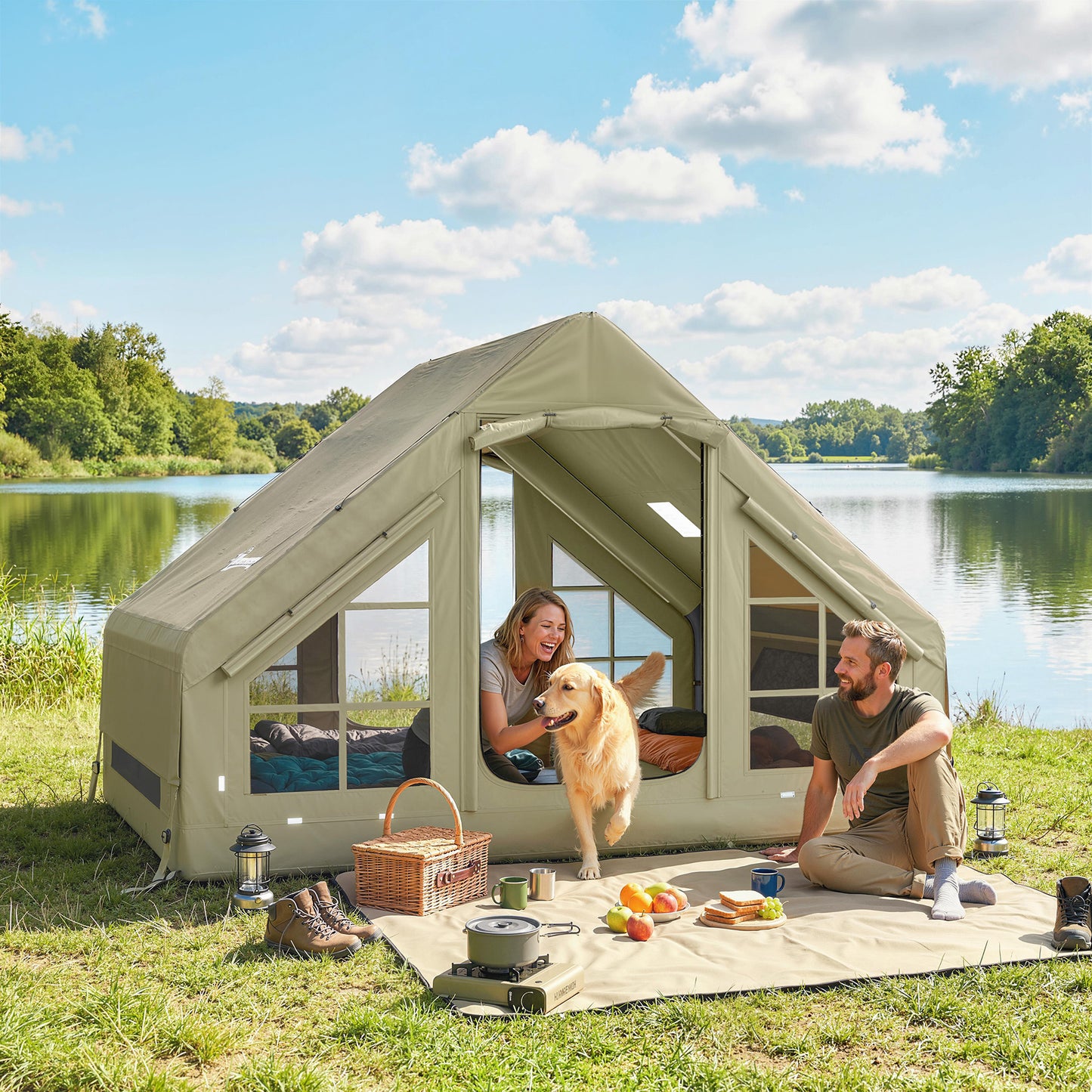 Inflatable Camping Tent with Pump and Stove Jack Hole, Luxury Inflatable Tent with Mesh Windows, Doors, Olive Green