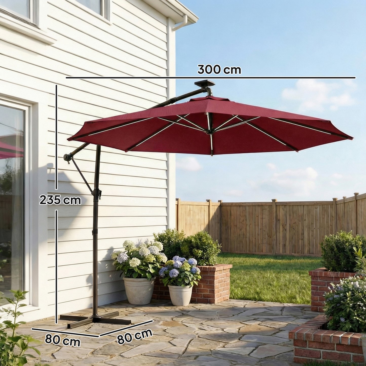 3 m Garden Cantilever Parasol with LED Solar Light, Round Overhanging Umbrella with 360° Rotation, Cover, Wine Red