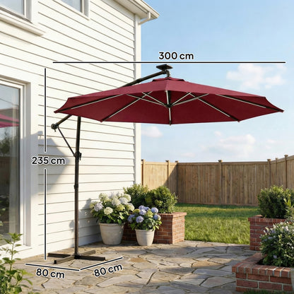 3 m Garden Cantilever Parasol with LED Solar Light, Round Overhanging Umbrella with 360° Rotation, Cover, Wine Red