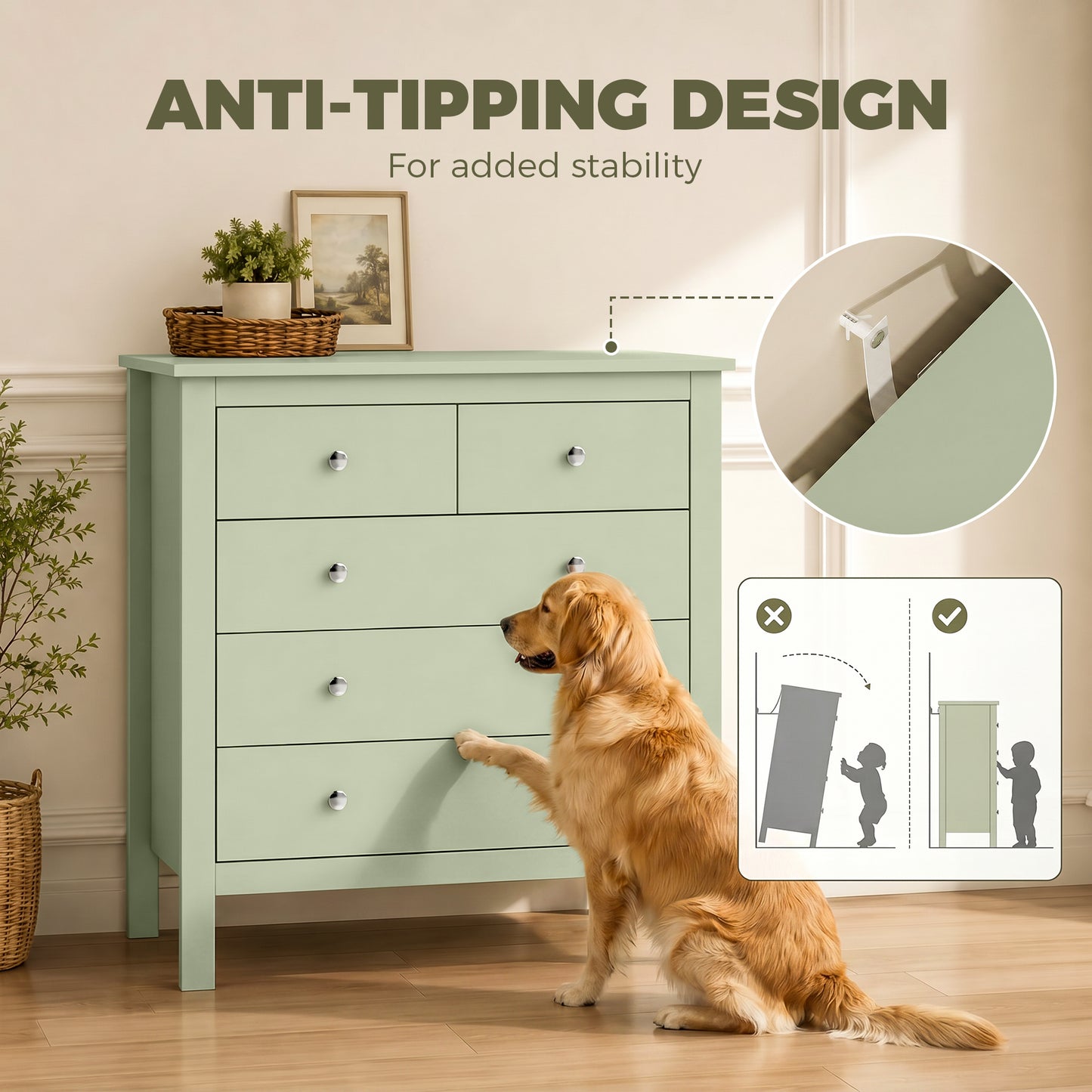 5 Drawer Chest of Drawers, Modern Dresser for Bedroom, Bedside Storage Cabinet