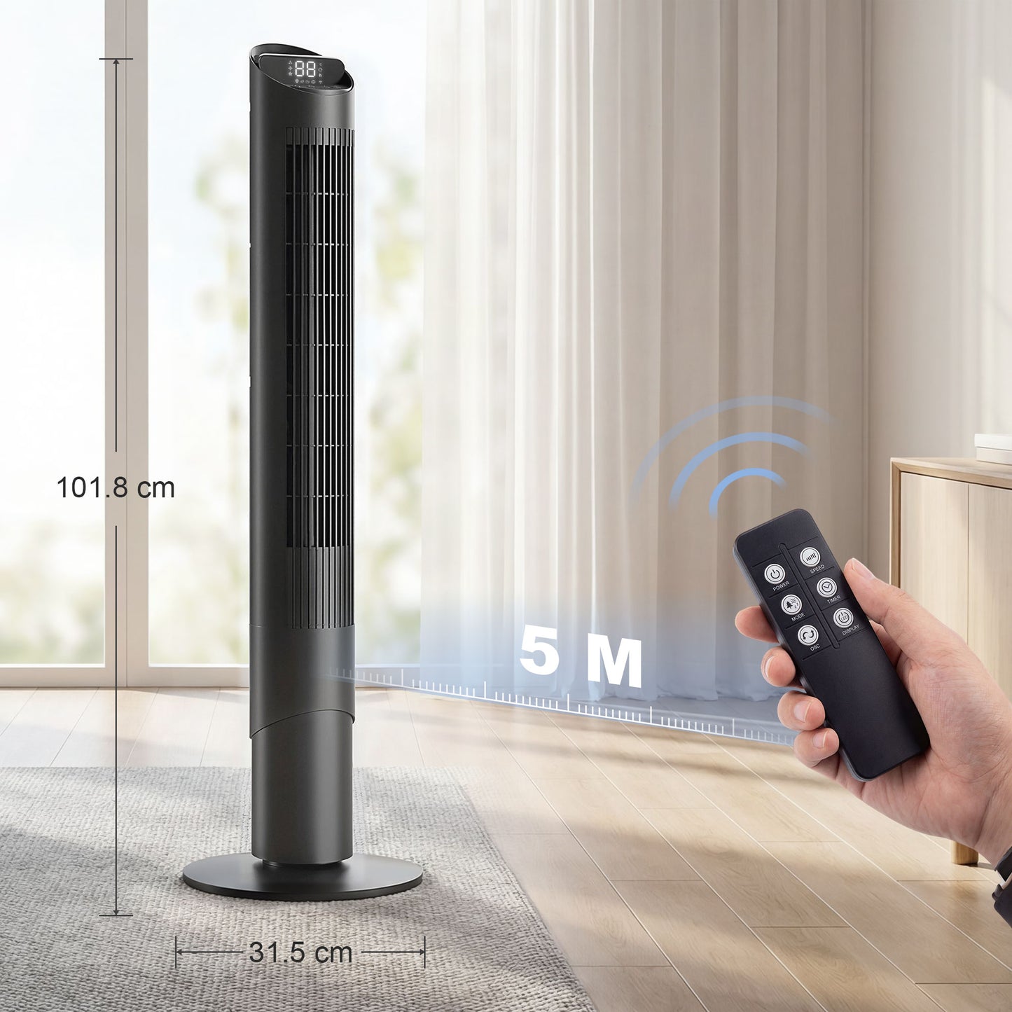 Tower Fan with WiFi App Control Standing Floor Cooling Fan Remote Control 101.8 cm Black