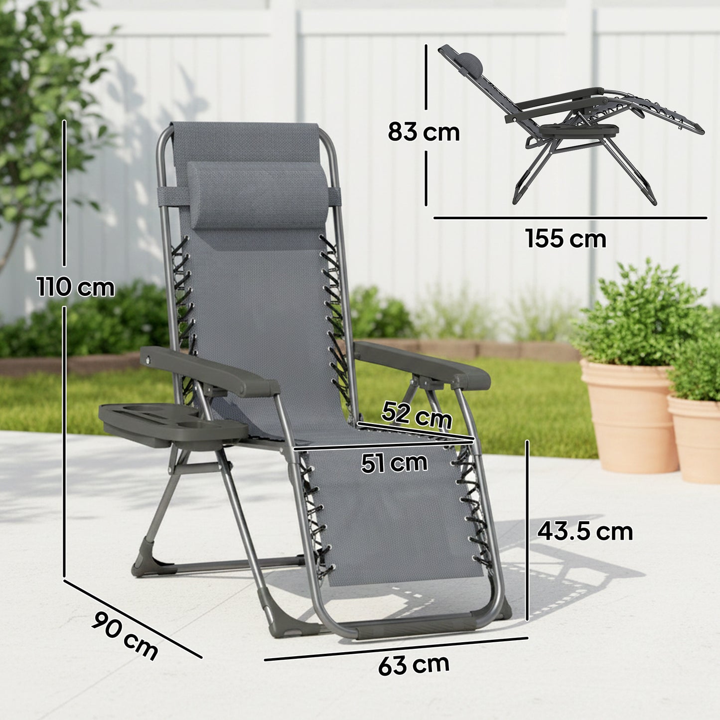 Zero Gravity Chairs Set of 2, Folding Sunloungers Reclining Garden Chairs with Cup Holder, Headrest, Dark Grey